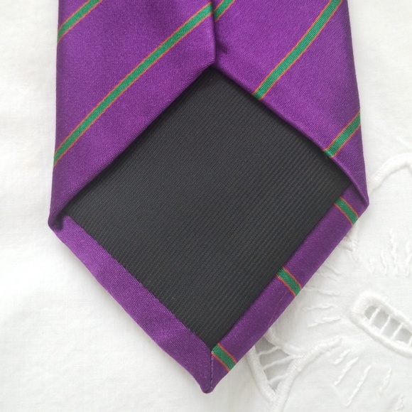 Bocara 100% silk purple tie, green & red stripes - Picture 4 of 5